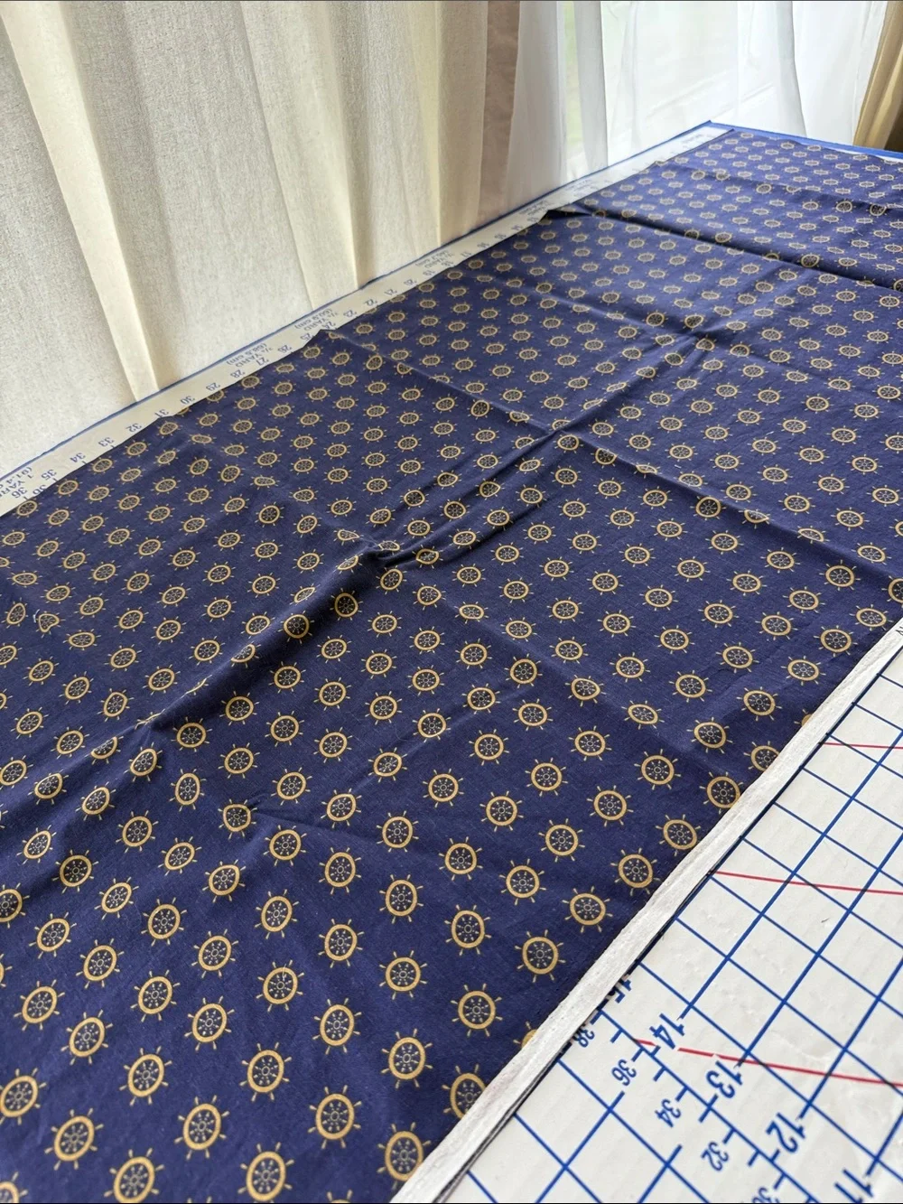 Vintage Joan Pace Baker Nautical Prints Cotton Fabric Ship Wheel Navy Gold